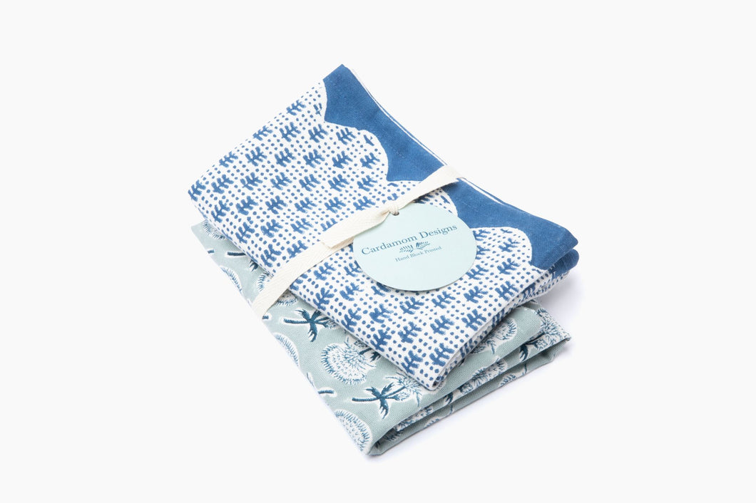 Thistle and Buti Dots Kitchen Towel Set with Personalized Holiday Card- Shades of Blue